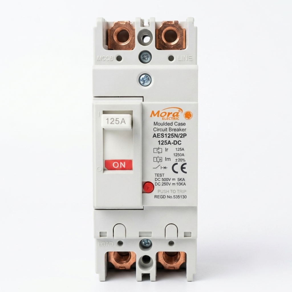 Mora AES202N/AES125N 2P DC MCCB Breaker with Copper Points for Solar Panels & Battery Systems — solar equipment in Lahore, Pakistan