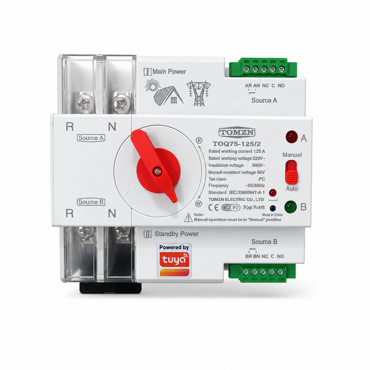 TOMZN TOQ7s-125/2P Automatic Transfer Switch 125A | Dual Power Changeover with WiFi Control — solar equipment in Lahore, Pakistan