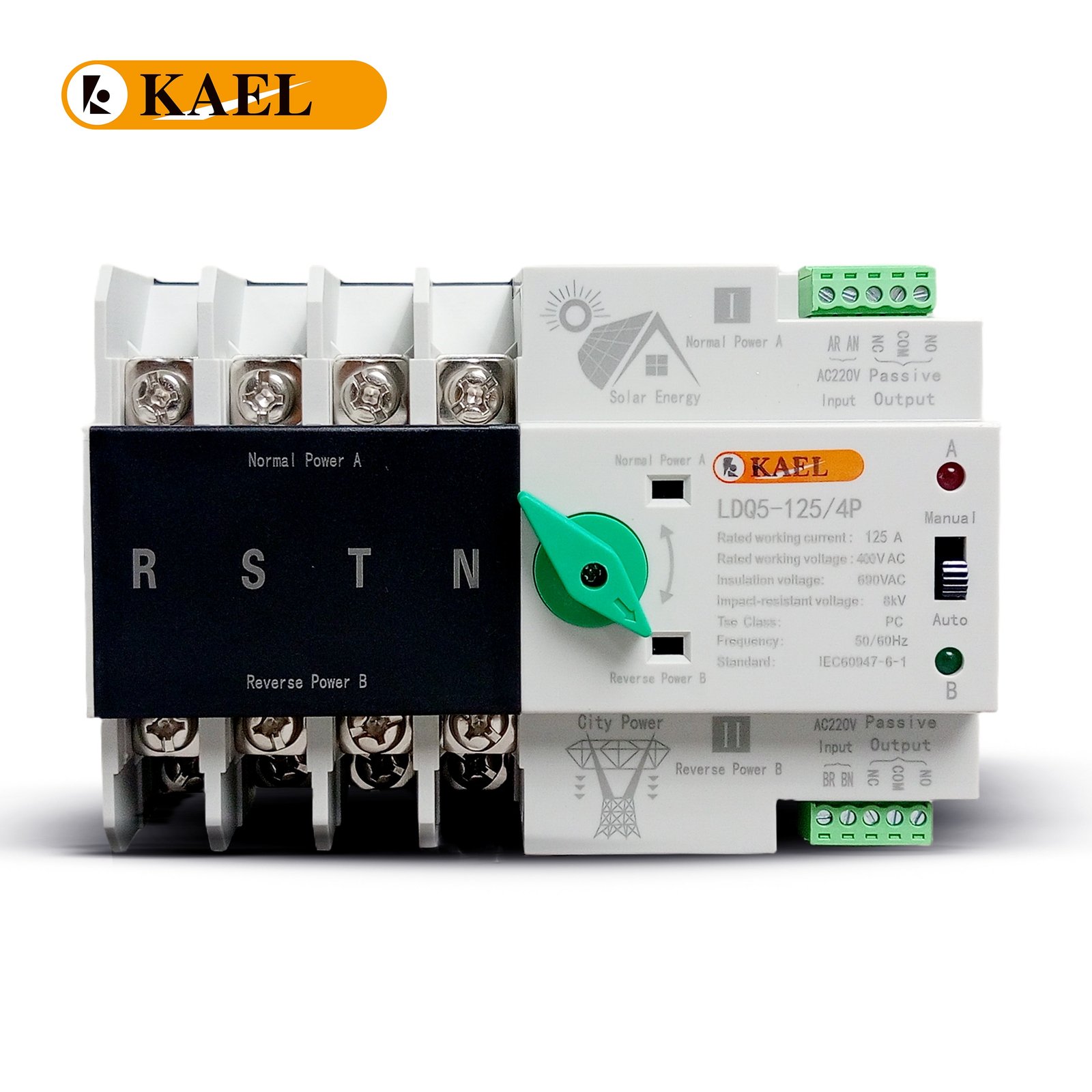 KAEL LDQ5-125/4P Green Nob AC 3Phase Din Rail 220V Dual Power Automatic Transfer Switch ATS — solar equipment in Lahore, Pakistan