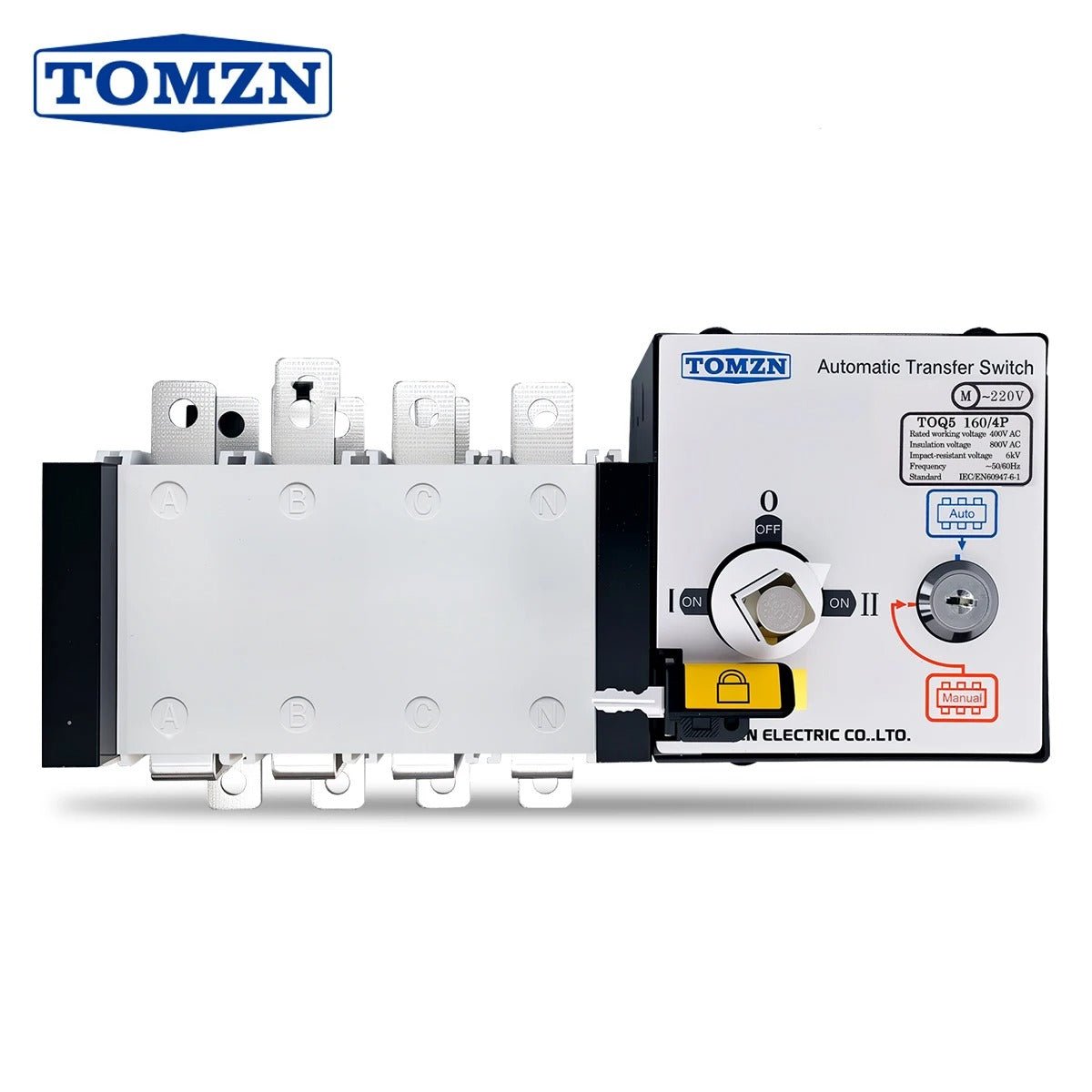 Tomzn TOQ5-160/4P Handle Type 160A 4P AC Three Phase Dual Power Automatic Transfer Switch ATS — solar equipment in Lahore, Pakistan
