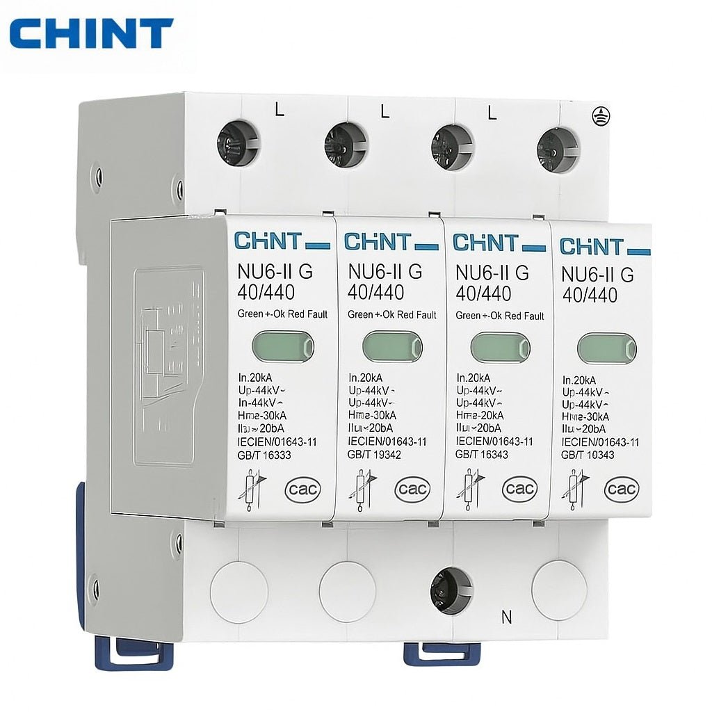 Chint SPD | 4-Pole 440V AC Surge Protection Device for Lightning & Overvoltage Protection | DIN Rail Mount — solar equipment in Lahore, Pakistan