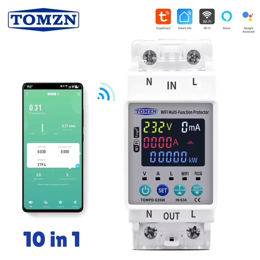 Tomzn TOMPD 63SW- 63A WIFI Protector with voltage current and leakage protection Mini 10in1 — solar equipment in Lahore, Pakistan